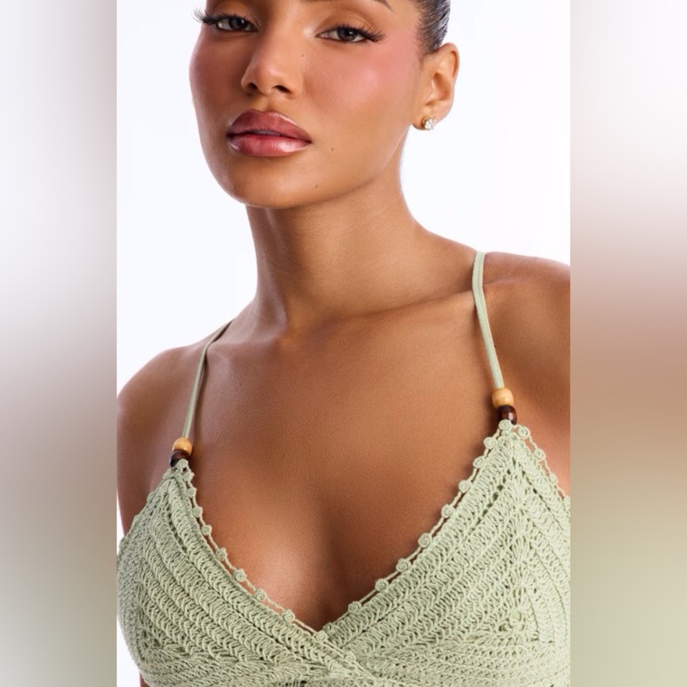 Fashion Nova Bianca Crotchet Light Sage Tiered Midi Dress Small - Picture 2 of 3